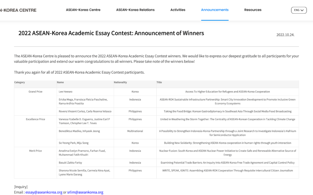 Mahasiswa HI FISIP Undip Raih Merit Prize dalam ASEAN-Korea Academic Essay Contest 2022